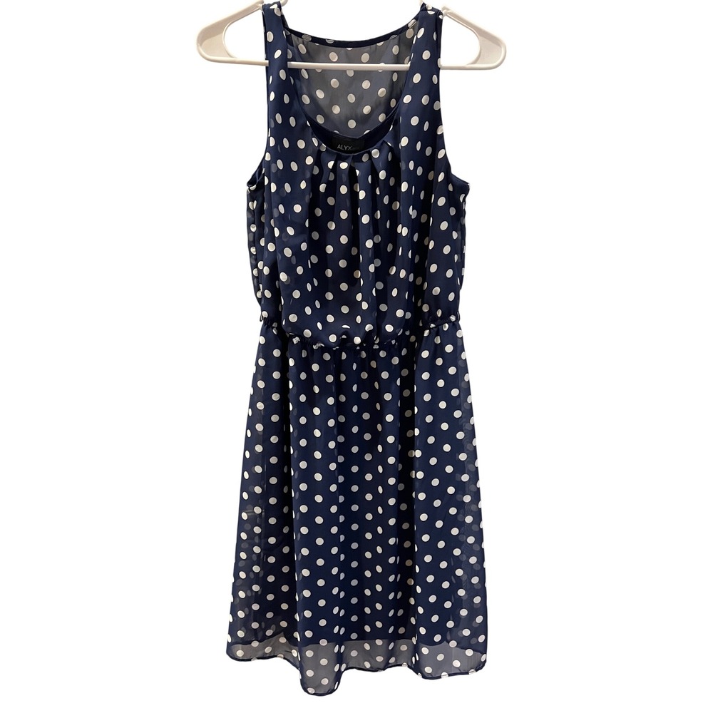 ALYX Womens Navy Blue White Polka Dot Sleeveless Pleated Fit Flare Dress Size 10